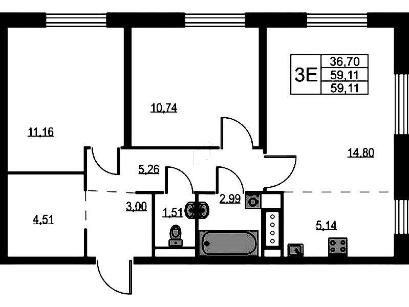 2-комнатная квартира 59.11 м², 8/11 эт., ЖК «Квартал Лаголово»